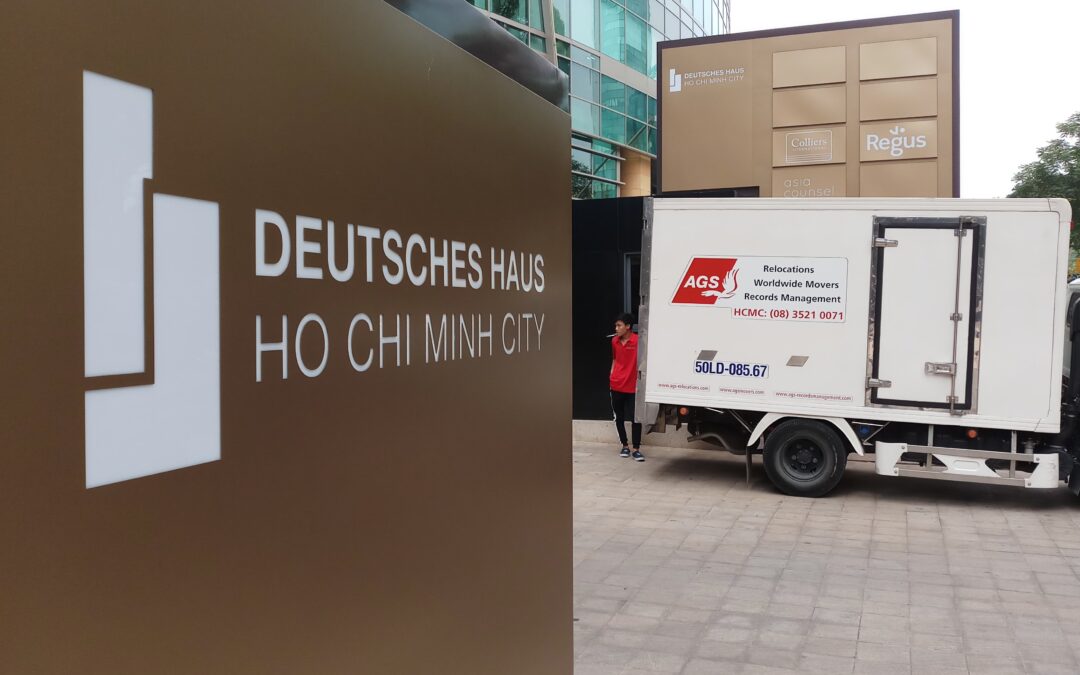 German consulate entrance and AGS Movers trailer.